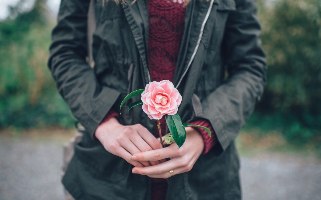 Oberkörper einer sitzenden Frau, die eine rosa Rose zwischen den Händen hält als Sinnbild für ihre Essenz